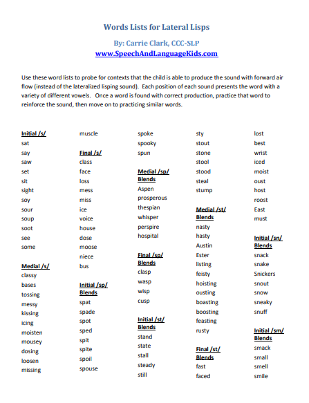 Lateral Lisp Speech Therapy Word Lists