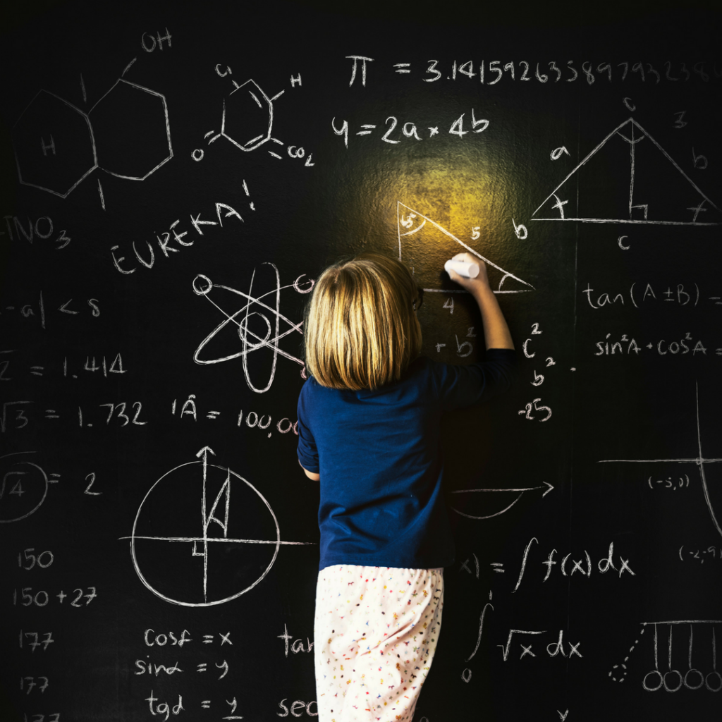 kid drawing on chalkboard equations