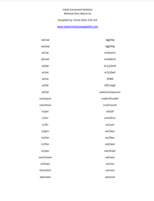 Initial Consonant Deletion Word List