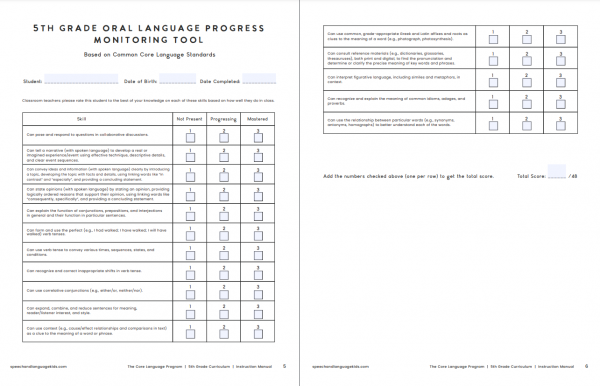 oral language progress monitoring checklist