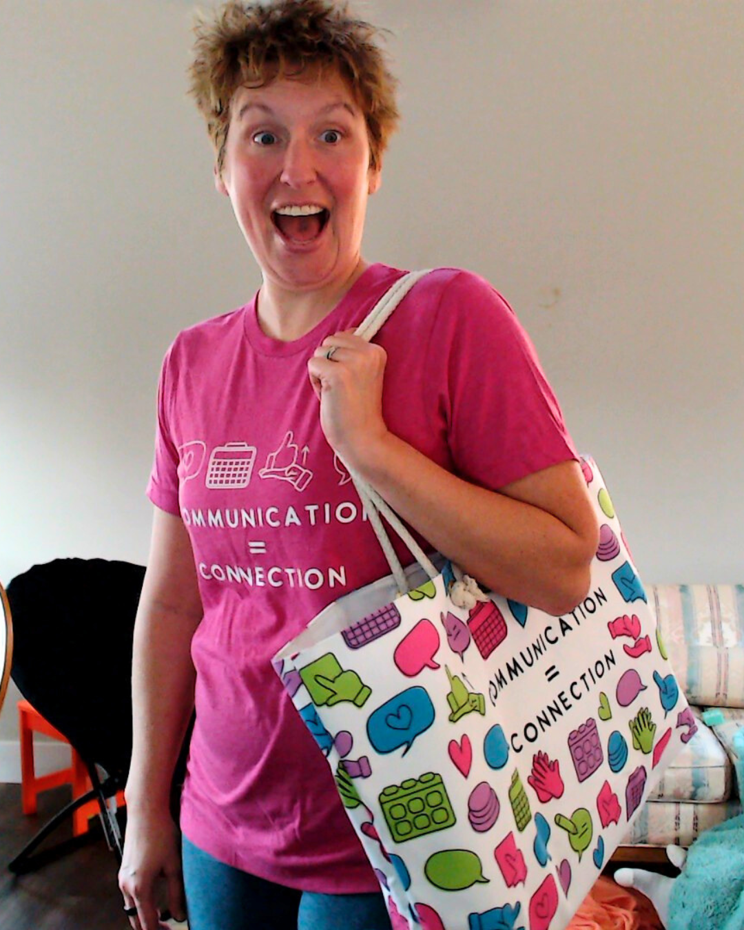 speech-language pathologist Carrie Clark with Communication = Connection Shirt and Therapy Bag